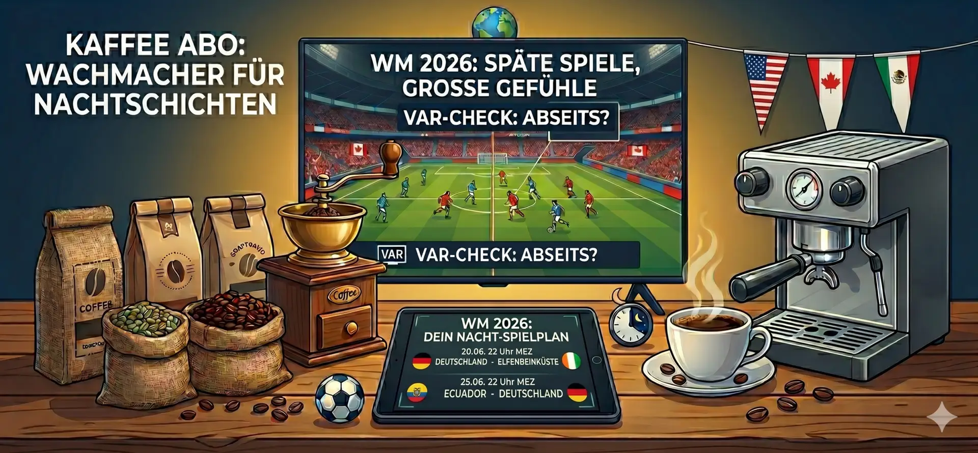 WM 2026: Eine illustrative Darstellung eines nächtlichen Fußball-Zuschauer-Setups zur WM 2026 auf einem Holztisch. Links stehen Kaffeesäcke, lose Bohnen und eine Kaffeemühle, rechts eine Espressomaschine und eine dampfende Tasse Kaffee neben einer Uhr mit Mond-Symbol. Im Zentrum zeigt ein Fernseher ein Stadion-Spiel mit deutschem Text über späte Spiele und VAR-Check. Davor liegt ein Tablet mit dem Spielplan: „WM 2026: Dein Nacht-Spielplan“ mit Deutschland gegen Elfenbeinküste und Ecuador. Oben links steht der Slogan: „KAFFEE ABO: WACHMACHER FÜR NACHTSCHICHTEN“. Oben rechts hängen die Flaggen der USA, Kanadas und Mexikos.