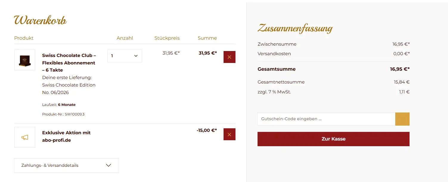 Warenkorb Ansicht Swiss Chocolate Club Gutschein